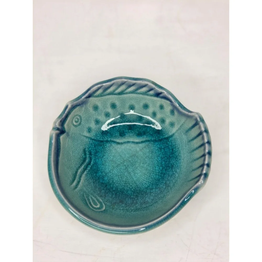 Japanese Turquoise Fish Shaped Pottery Trinket Dish Tea Bag Holders Dip Bowl Set